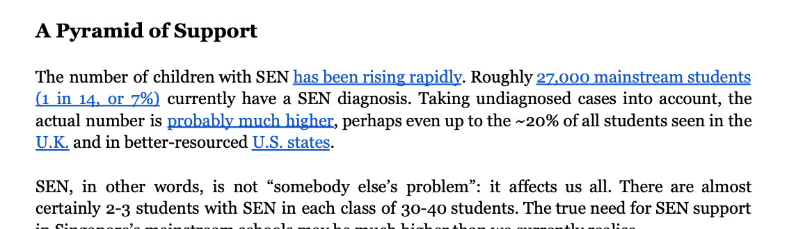 Extract from the Mind the Gap report, p. 10: roughly 27,000 mainstream students (1 in 14, or 7%) currently have a SEN diagnosis, and there are almost certainly 2-3 students with SEN in each class of 30-40.